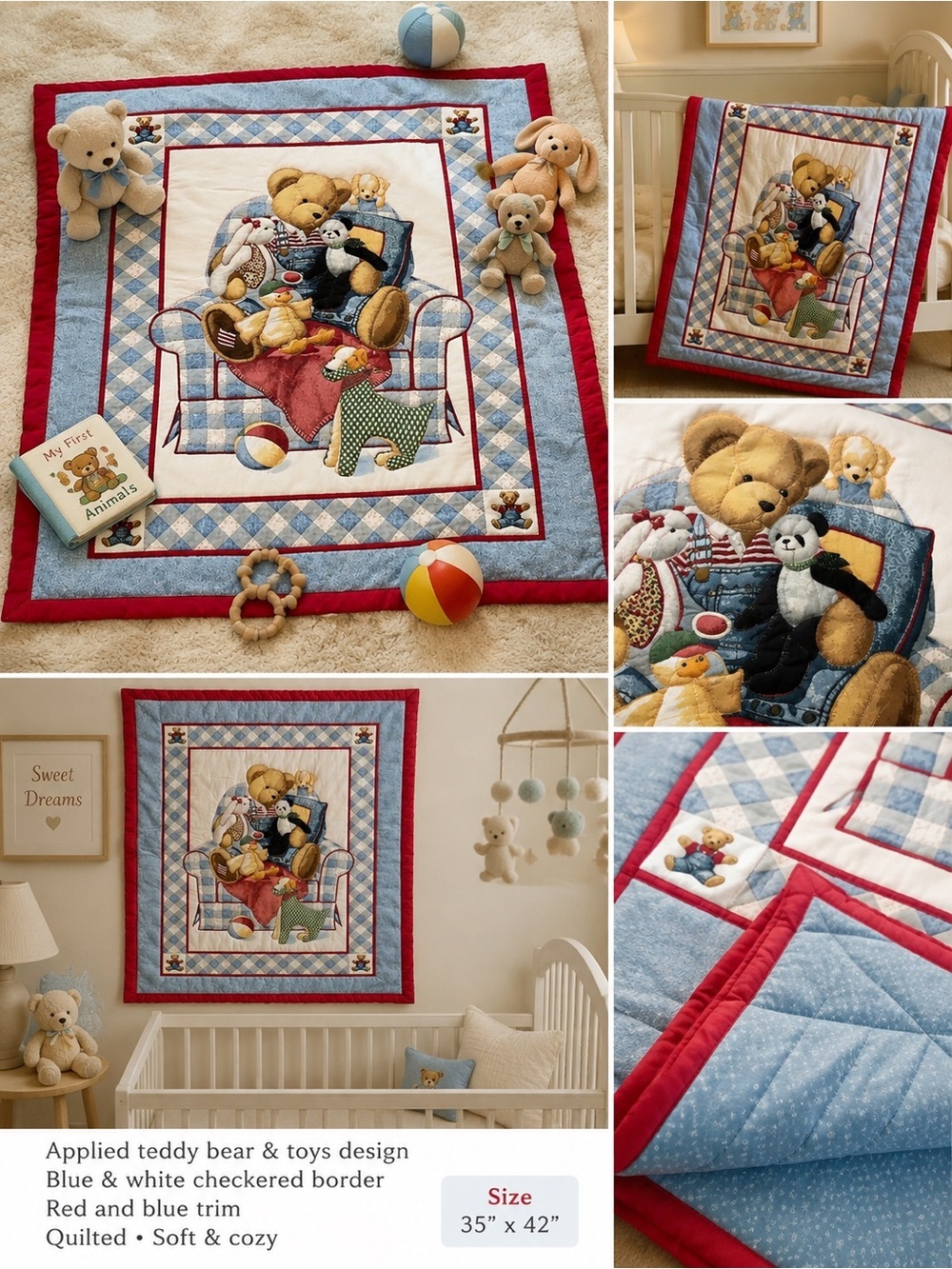 Vintage Teddy Bear Quilted Baby Hand Made Blanket – 35” x 42”